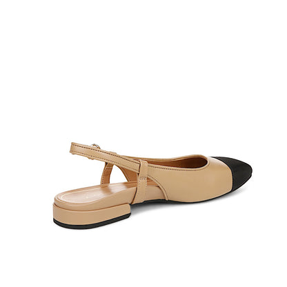 Vionic Petaluma shoes in beige leather with black toe.