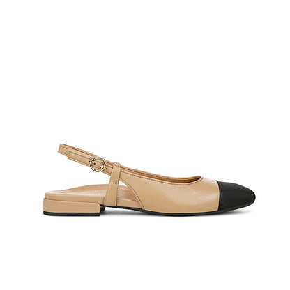 Vionic Petaluma shoes in beige leather with black toe.