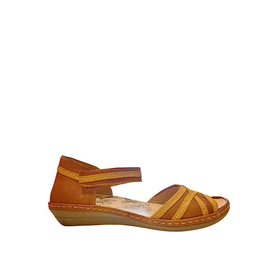 Sandales Brako en cuir cognac et jaune.