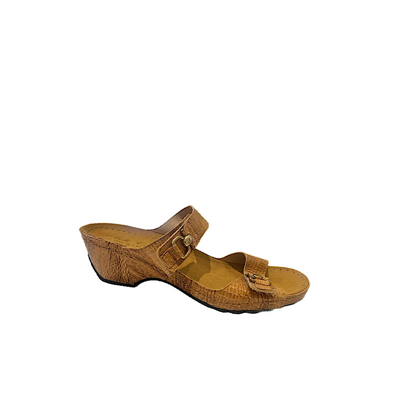 Helle sandals in tan embossed leather. 