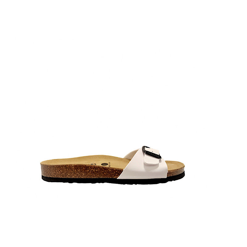 White patent leather sandals.