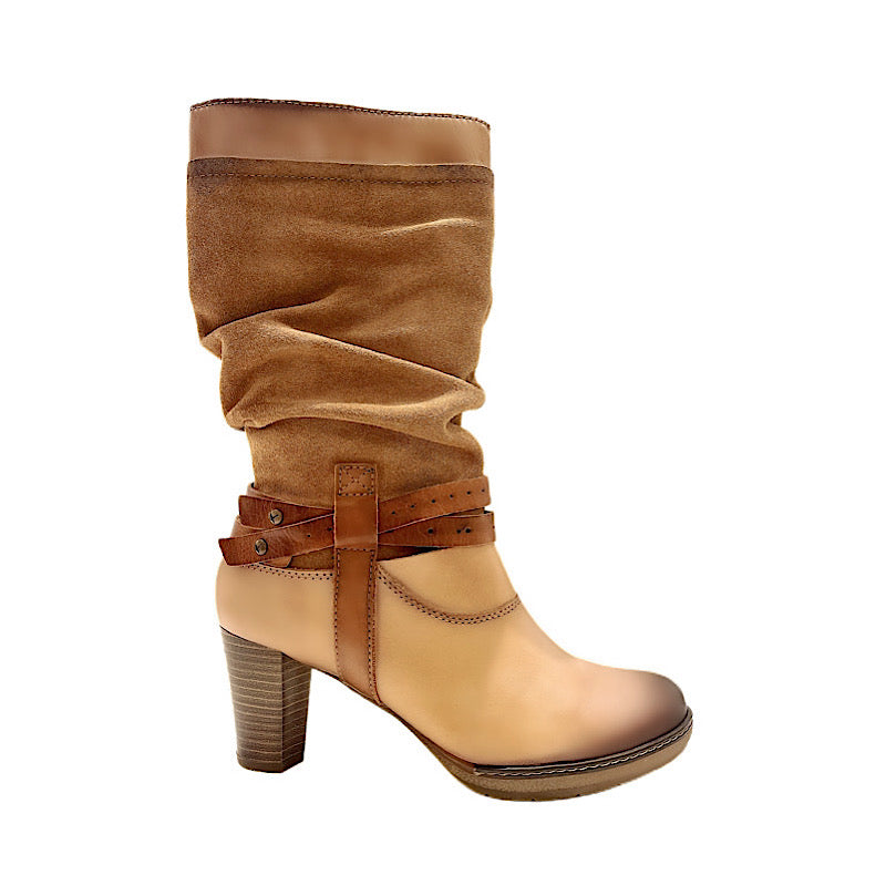 Bottes d’automne Pikolinos en cuir beige et daim caramel, style western.