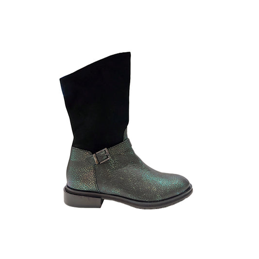 Liquidation: bottes d’automne  3/4 en cuir vert irisé et suède noir.