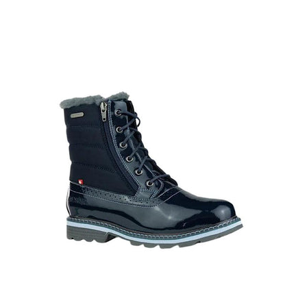 Bottes d’hiver Ice Kim en cuir verni marine. - Boutique Prestige