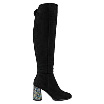 Bottes en suède noir/talon à motifs. - Boutique Prestige