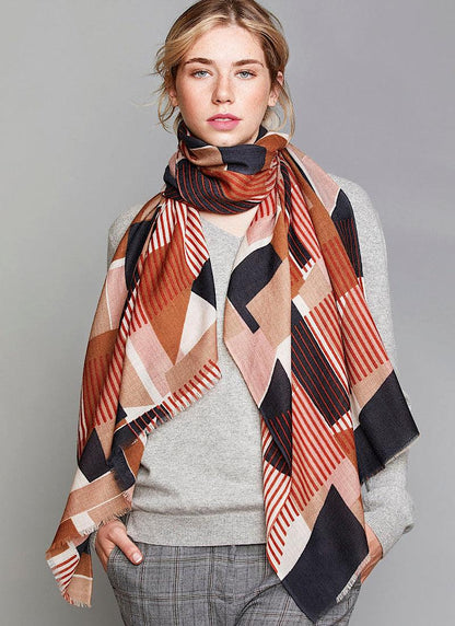 Foulard multi 100% laine de mérinos, tons de marine, cognac, rose et terracotta. - Boutique Prestige