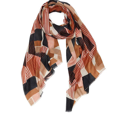 Foulard multi 100% laine de mérinos, tons de marine, cognac, rose et terracotta. - Boutique Prestige