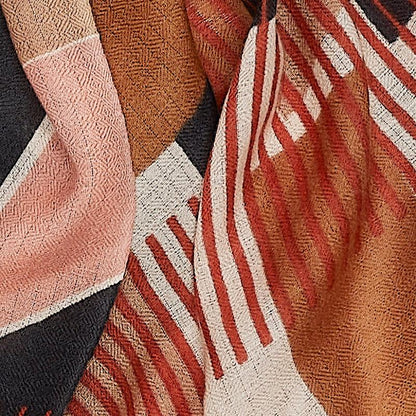 Foulard multi 100% laine de mérinos, tons de marine, cognac, rose et terracotta. - Boutique Prestige